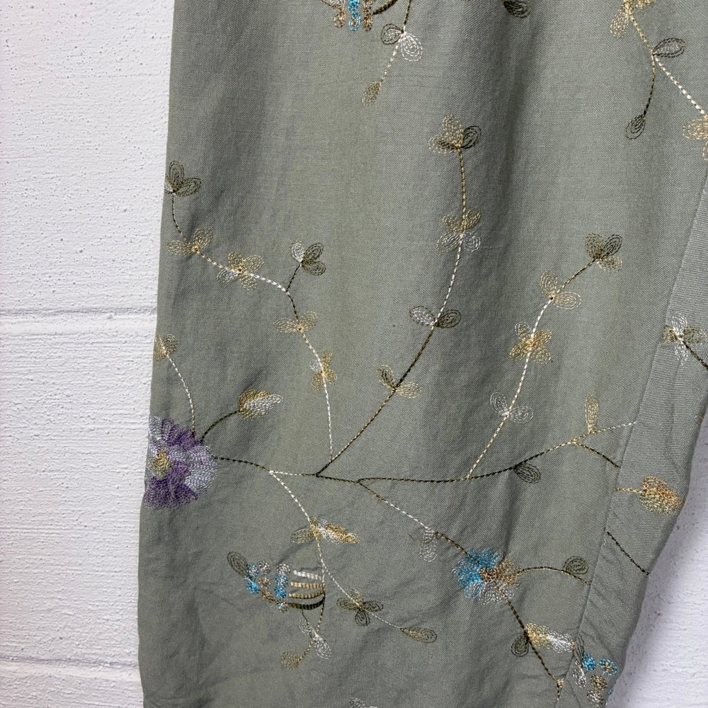 Vintage Pull On Linen Floral Embroidered Wide Leg Cropped Pant Size M Green - Picture 4 of 15